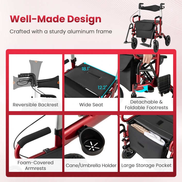 Foldable rollator walker with a wide seat, detachable footrests, and sturdy aluminum frame for seniors' comfort and.