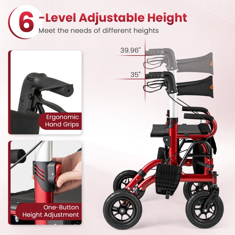 2-in-1 foldable rollator walker with adjustable height, ergonomic hand grips, and pneumatic tires for seniors in red.