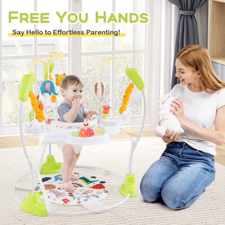 Height adjustable baby activity center in yellow with interactive toys and 360° rotating seat for endless fun.