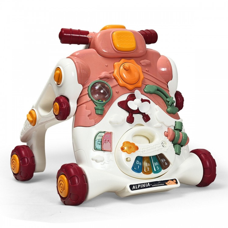 3-in-1 baby sit-to-stand walker in pink with music, lights, and interactive features for early childhood development.
