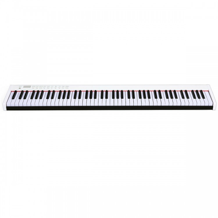 Full-size 88-key portable digital piano in white with touch-sensitive keys and sustain pedal for versatile practice.