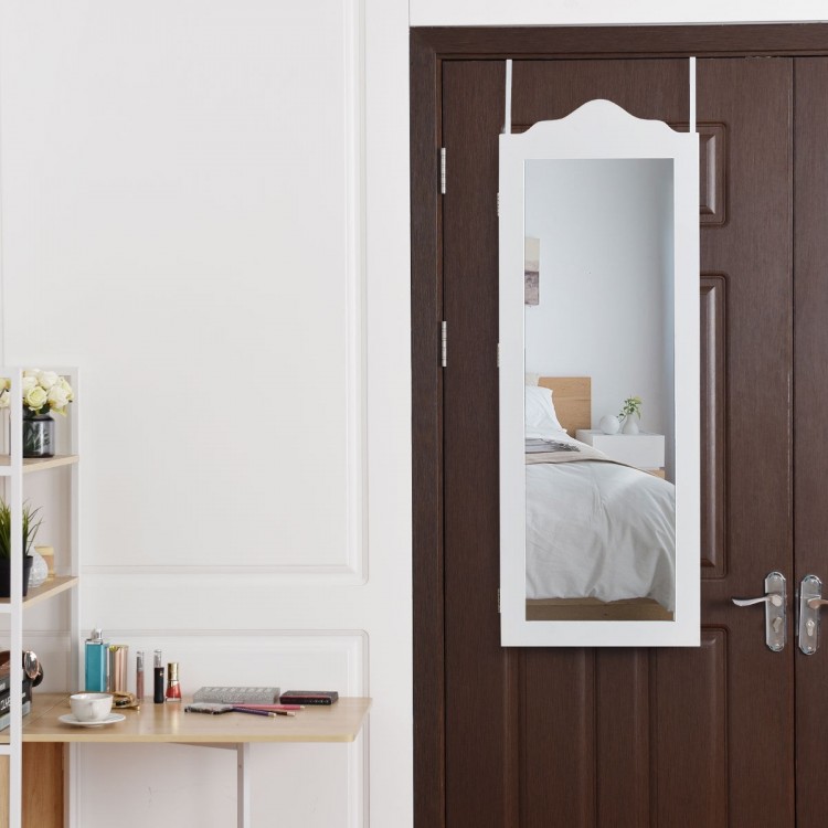 Wall-mounted jewelry armoire with full-size mirror, featuring organized storage for earrings, necklaces, and rings.