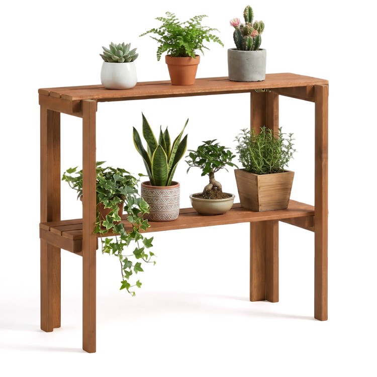 2-tier folding wooden storage shelf with slatted design, showcasing plants, perfect for entryway or garden display.