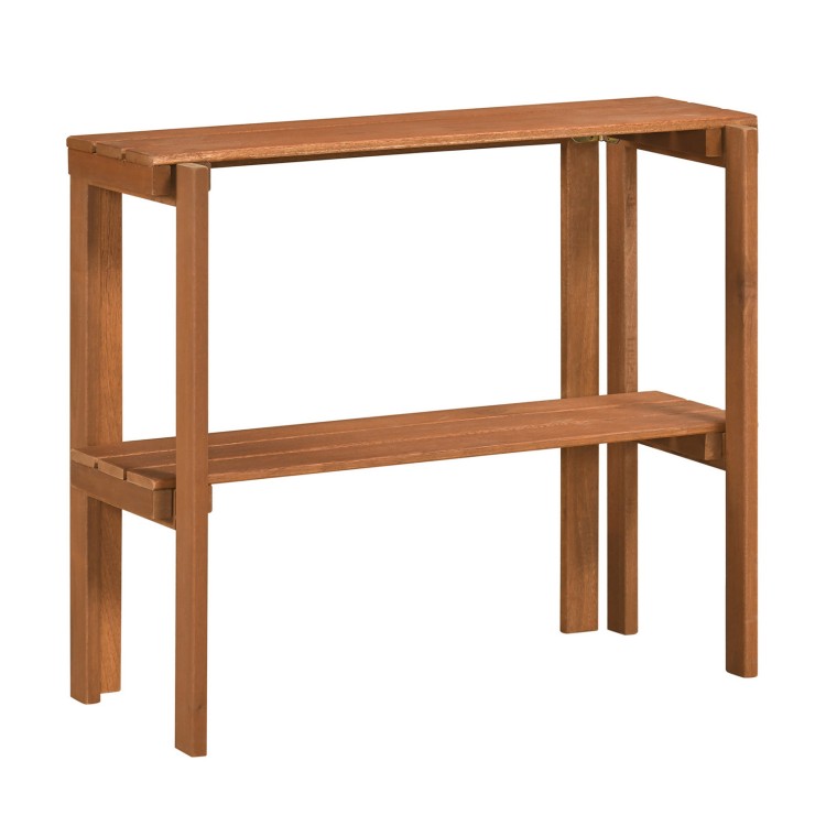 2-tier folding wooden storage shelf with slatted design and waterproof finish, perfect for entryway or garden use.