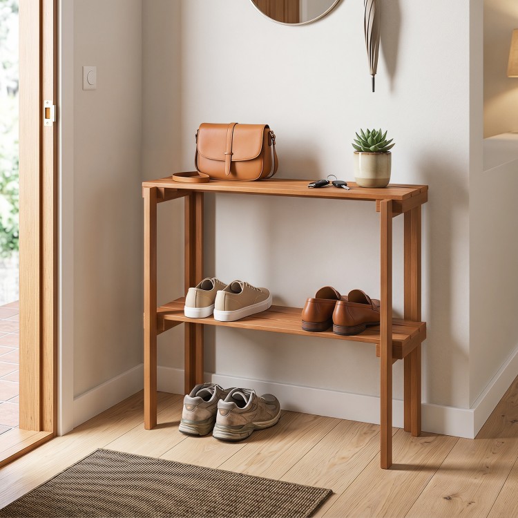 2-tier folding wooden storage shelves with slatted design, ideal for entryway shoe rack or plant stand.