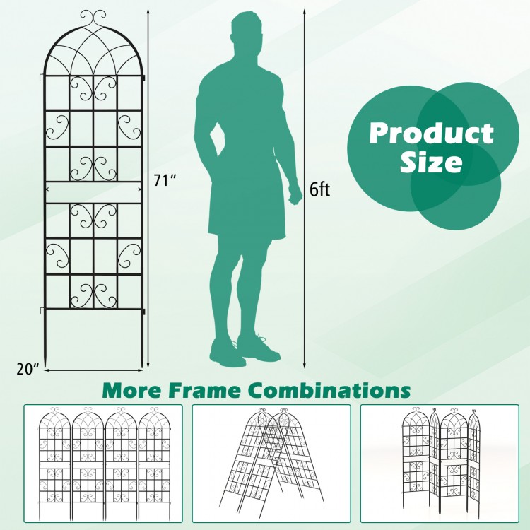 Metal garden trellis measuring 71 x 20 inches, featuring a stylish arch top and butterfly pattern for climbing plants.
