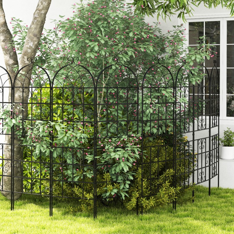 Metal garden trellis with elegant arch top, ideal for climbing plants and vines, providing sturdy support and style.