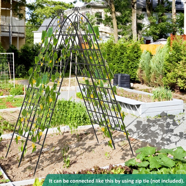 Metal garden trellis with elegant arch top, ideal for climbing plants and customizable layouts in outdoor gardens.