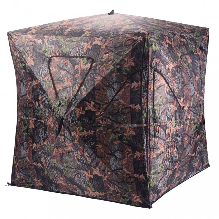 Portable deer hunting blind in camo design, featuring weatherproof material and 360° visibility for 2-3 hunters.