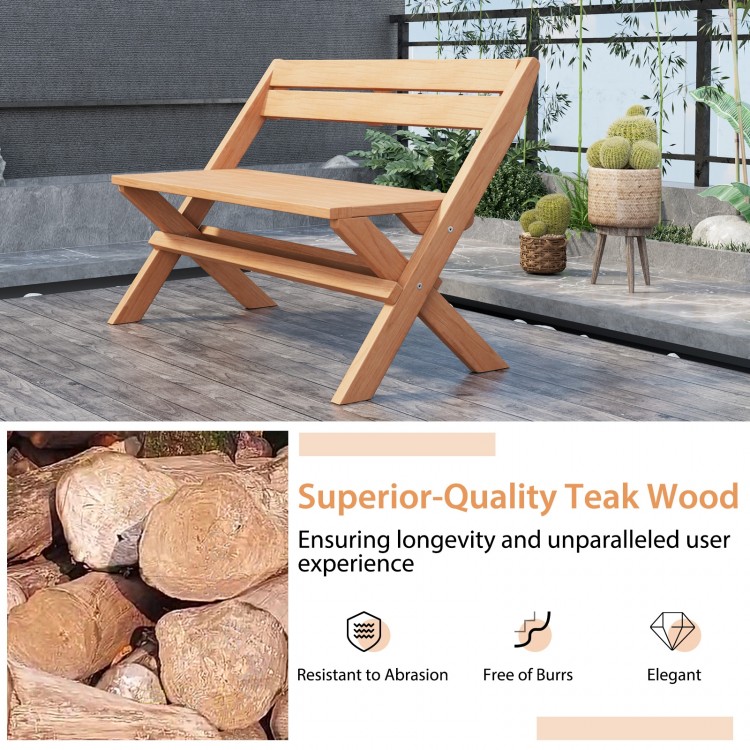 Teak wood folding outdoor bench for 2, featuring slatted seat and X-shaped structure, ideal for backyard or poolside.