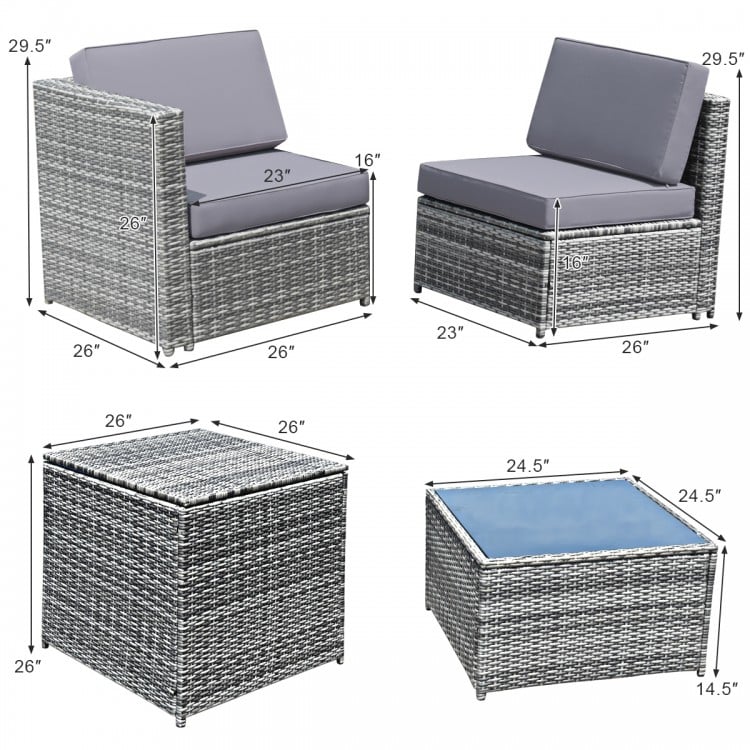 Gray wicker sofa set with cushions and storage table, featuring durable rattan and iron frame for indoor or outdoor use.
