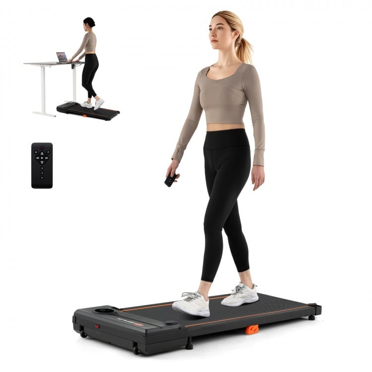 Under desk treadmill with remote control, featuring a 2.5HP motor, 340 lbs capacity, and anti-slip running belt for.