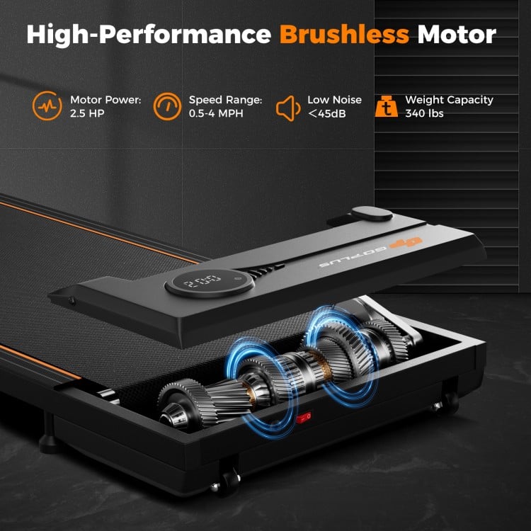 Under desk treadmill with a 2.5HP brushless motor, LED display, and remote control for home office use.