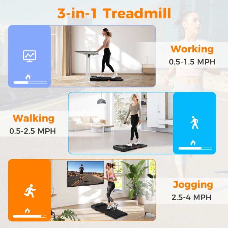 3-in-1 treadmill for home office use, featuring a remote control and speeds for working, walking, and jogging.