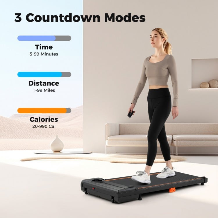 Under desk treadmill in black with remote control, featuring 3 countdown modes for home office workouts.