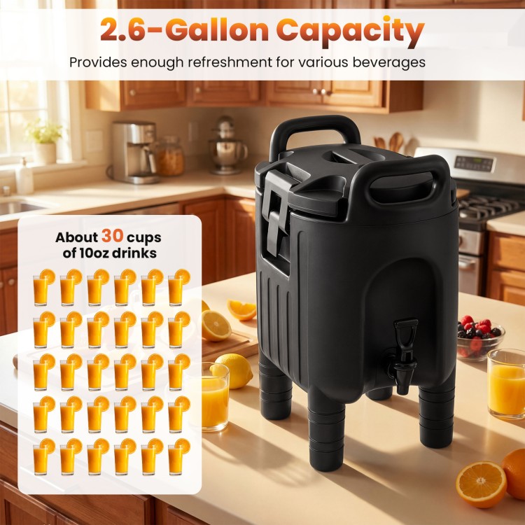Insulated 2.6-gallon beverage dispenser in black with handles, ideal for parties and catering, featuring a drip-proof.