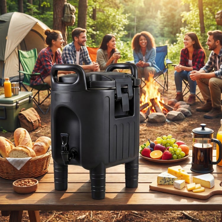 Black insulated beverage dispenser with handles, perfect for camping and parties, featuring triple-layer insulation and.