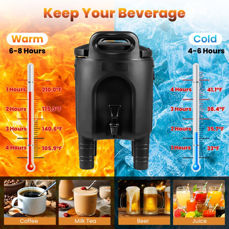 Insulated beverage dispenser set of 4 in black, designed to keep drinks cold for 4-6 hours and warm for 6-8 hours.