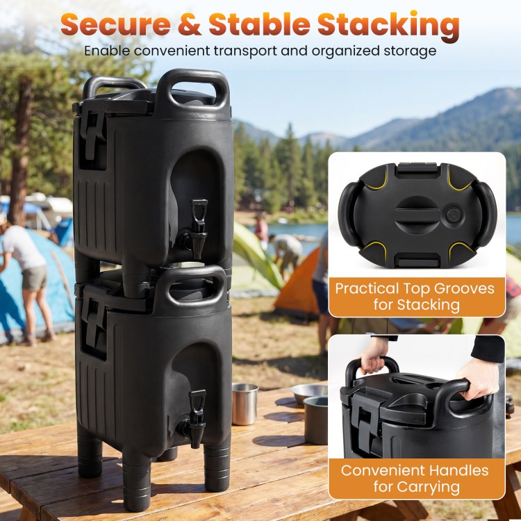Stacked black insulated beverage dispensers with handles, featuring triple-layer insulation for catering and camping.