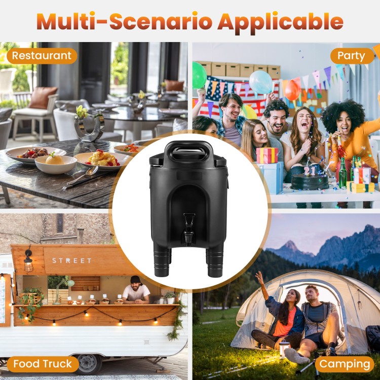 Black 2.6 Gal insulated beverage dispenser with handles, ideal for parties, camping, and catering events.
