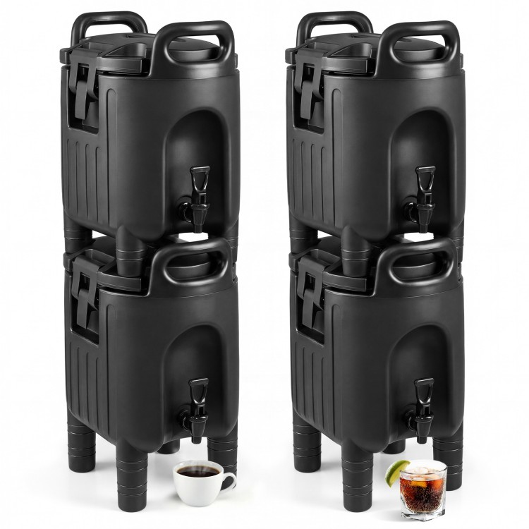 Stacked set of four 2.6 Gal insulated beverage dispensers in black, featuring handles and drip-proof faucets for easy.