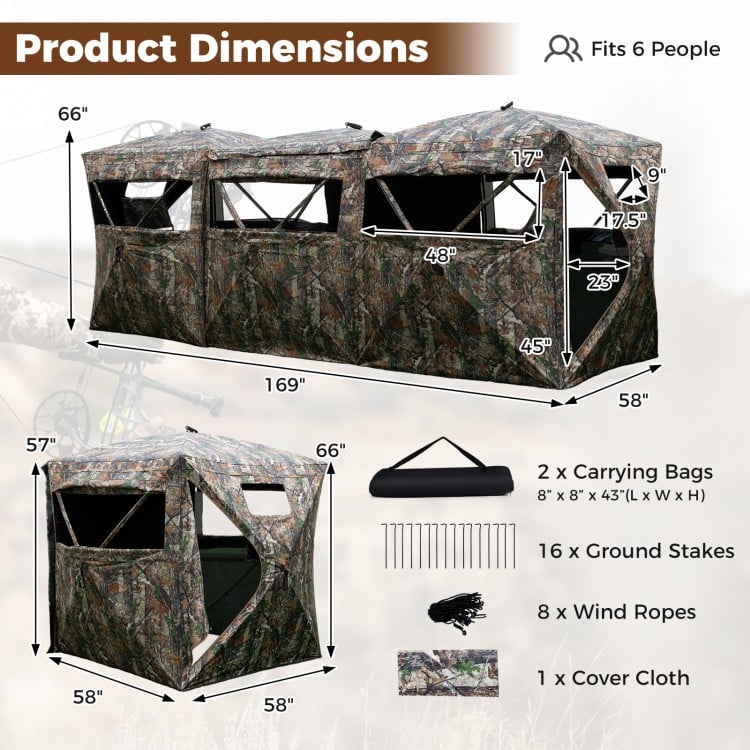 Modular 2-6 person hunting blinds with camouflage pattern, featuring adjustable windows and easy setup for stealthy.