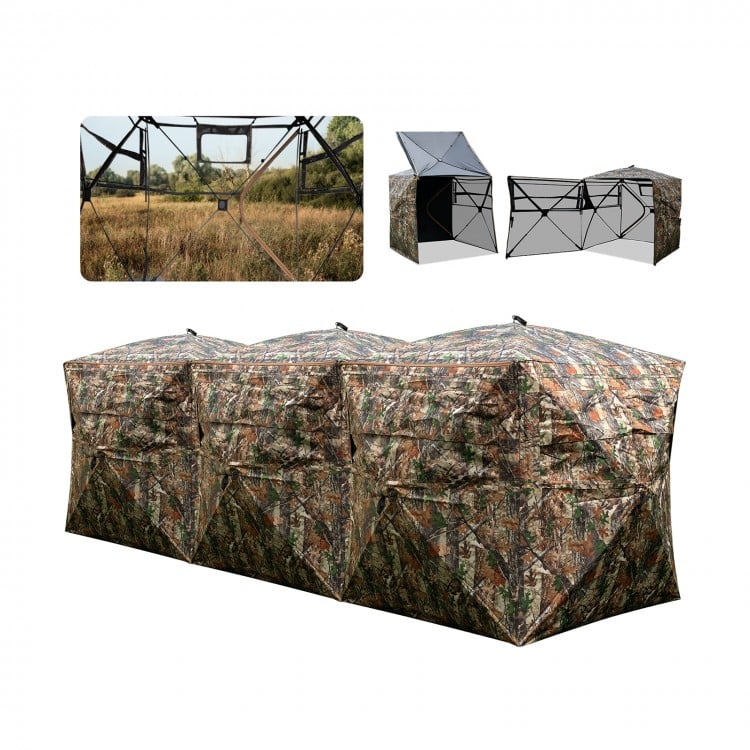Modular 2-6 person hunting blinds with camouflage pattern and one-way see-through panels for stealthy game tracking.