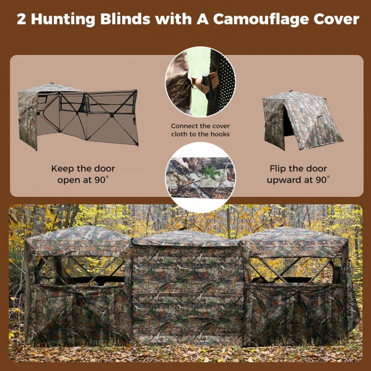 Two side-by-side hunting blinds with camouflage cover, featuring adjustable windows and two-way zippers for stealthy.