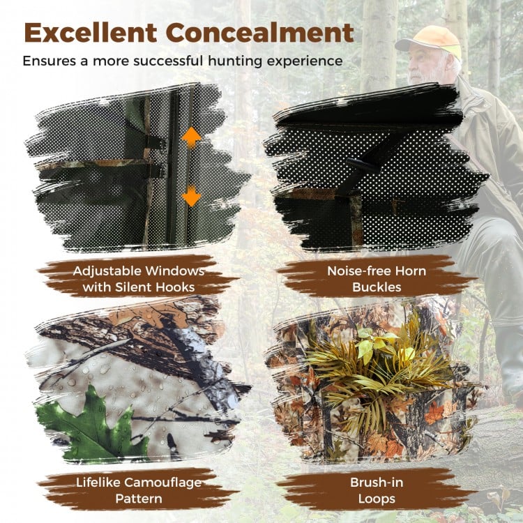 Adjustable windows and noise-free buckles on the 2-6 person hunting blinds for excellent concealment in the field.