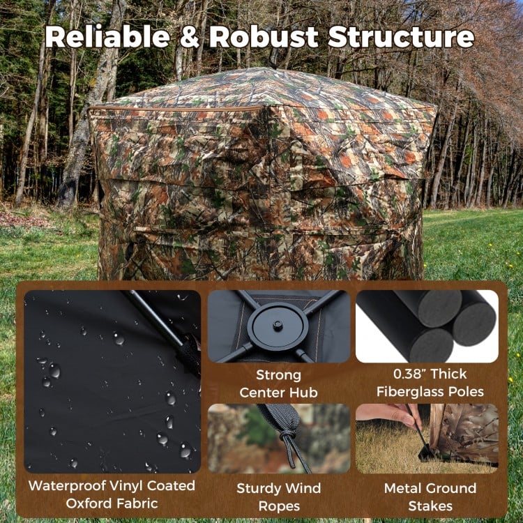 Side view of the 2-6 Person Hunting Blind featuring camouflage design, waterproof fabric, and sturdy fiberglass poles.