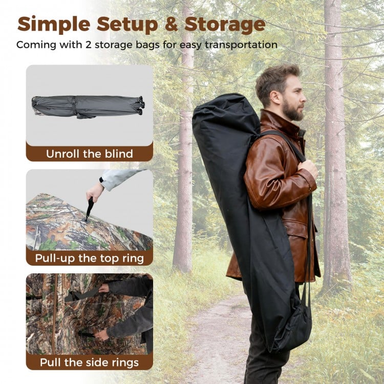 Side-by-side hunting blinds with camouflage pattern, featuring easy setup and two storage bags for transportation.