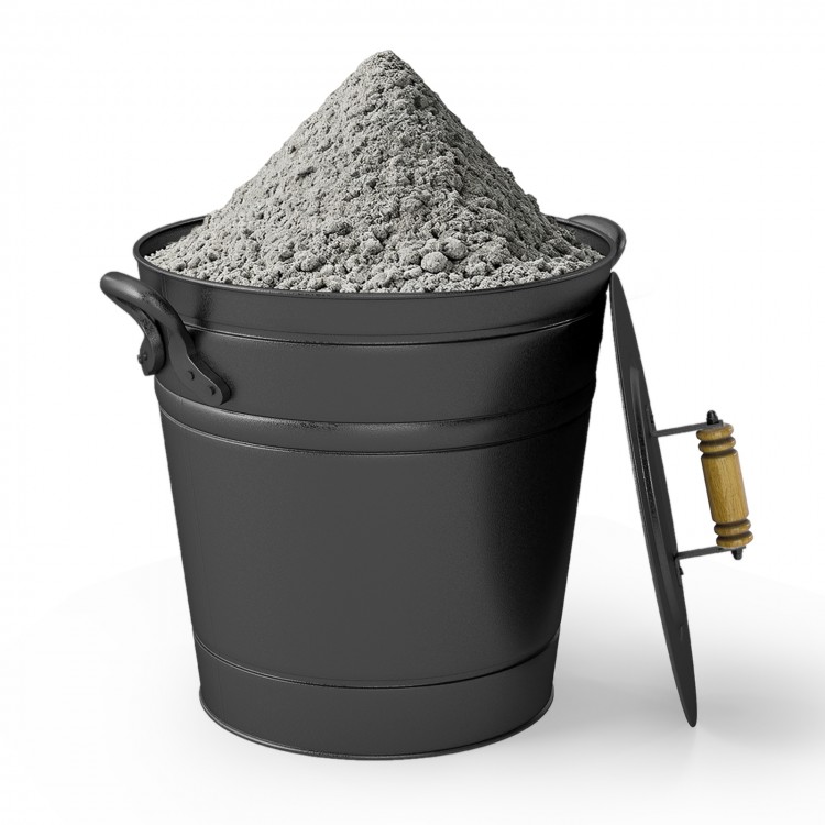 Metal coal ash can with a wooden lid, 2.9-gallon capacity, designed for fireplaces and fire pits, featuring side grips.