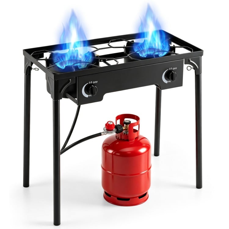 Two-burner propane stove with adjustable regulator and hose, delivering 160,000 BTU for outdoor cooking and camping.