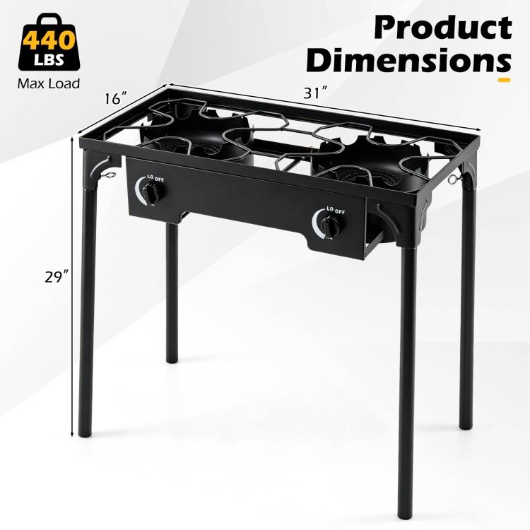 2 Burner Propane Stove in black features adjustable regulator and hose, ideal for camping and outdoor cooking.