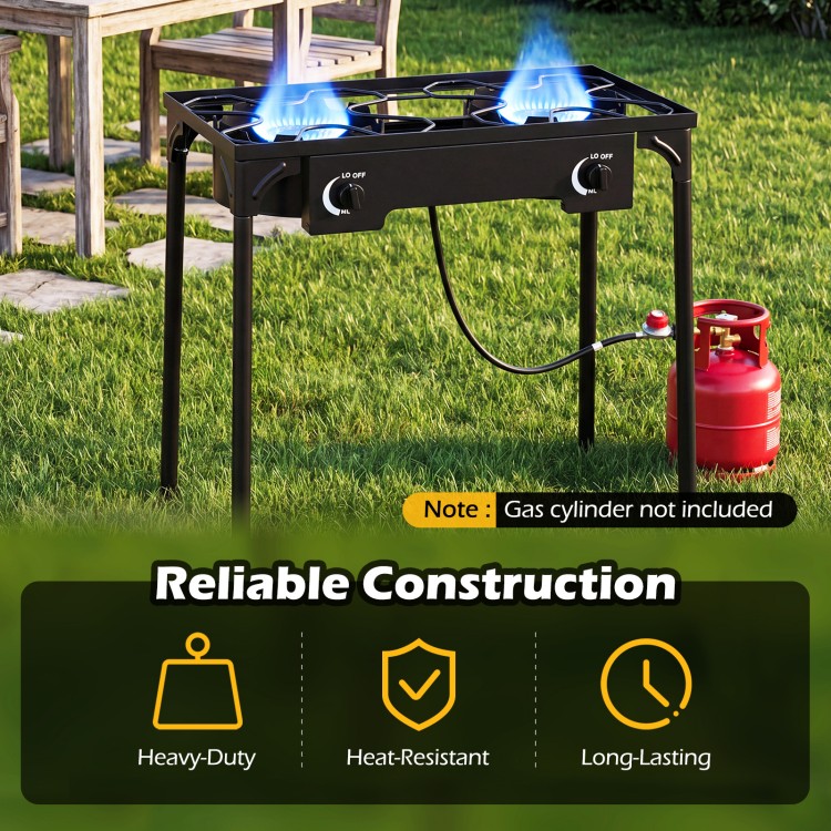 2 burner propane stove in black with adjustable regulator, designed for camping BBQ and high-heat cooking outdoors.