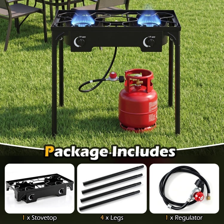 2 Burner propane stove with adjustable regulator and hose, featuring cast iron burners for high-heat cooking outdoors.