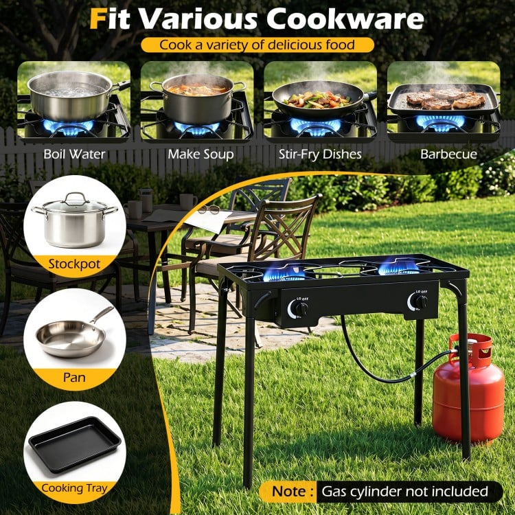 2 Burner propane stove with adjustable regulator and hose, designed for versatile outdoor cooking and high heat output.