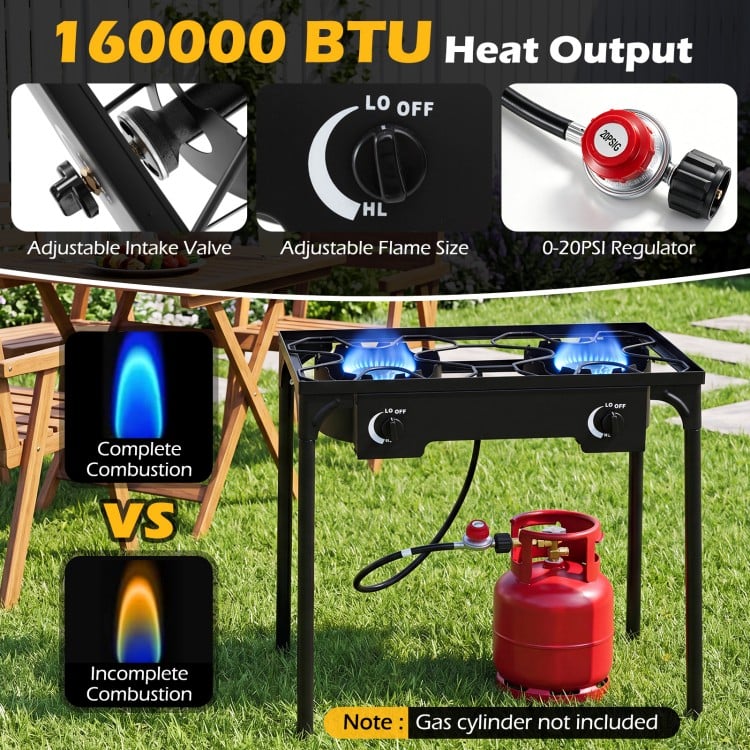 2 Burner propane stove with 160000 BTU output, adjustable regulator, and hose, perfect for camping and outdoor cooking.