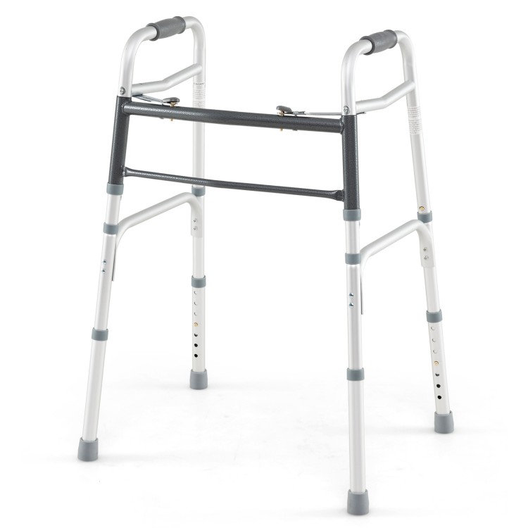 Lightweight 2-button folding walker with adjustable height, non-slip rubber foot pads for safe walking and easy storage.
