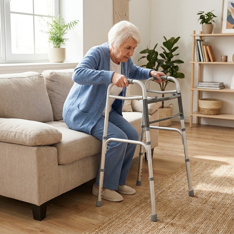 Lightweight 2-button folding walker with adjustable height, shown in use by an elderly woman for safe support.