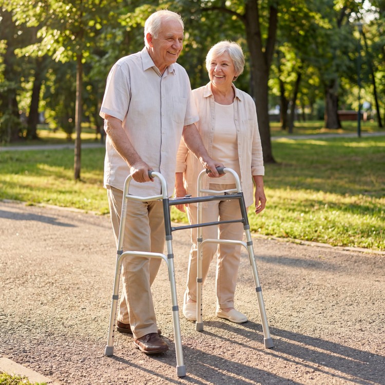 Lightweight 2-button folding walker with adjustable height, providing stable support for seniors during outdoor walks.