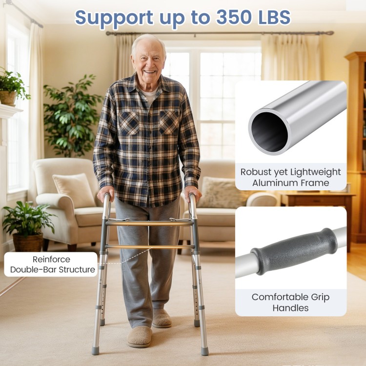 Lightweight 2-button folding walker with adjustable height, sturdy aluminum frame, and comfortable grip handles for.