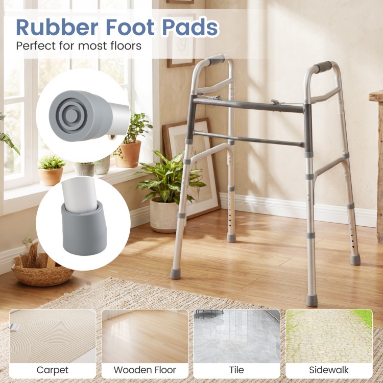 Lightweight folding walker with adjustable height, featuring non-slip rubber foot pads for safe use on various floors.