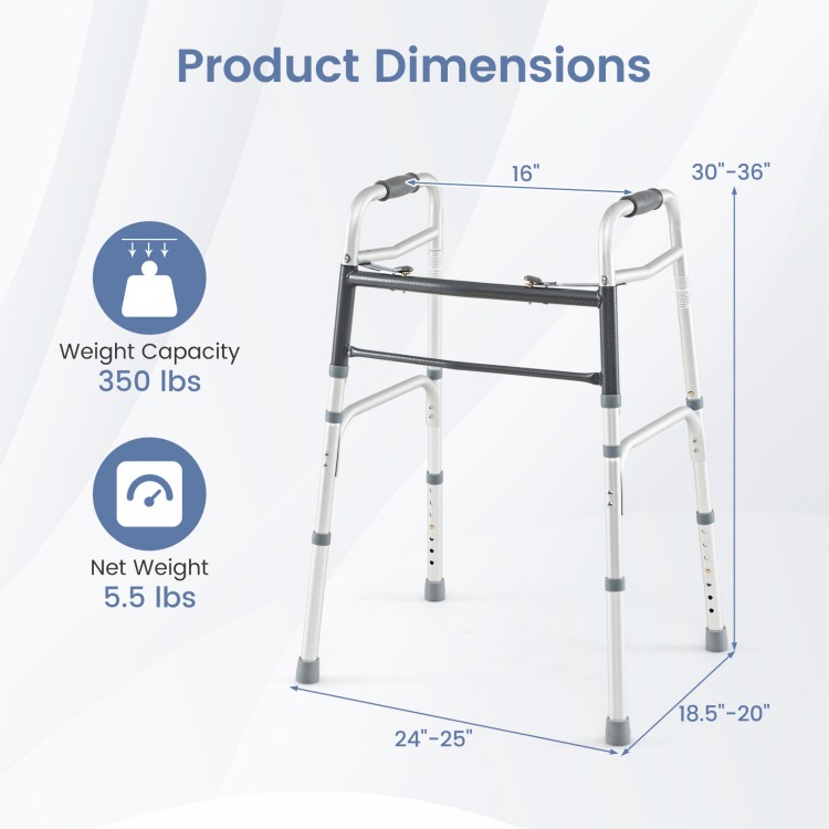 Folding walker with adjustable height, aluminum frame, and 350 lbs capacity, ideal for safe and easy mobility.