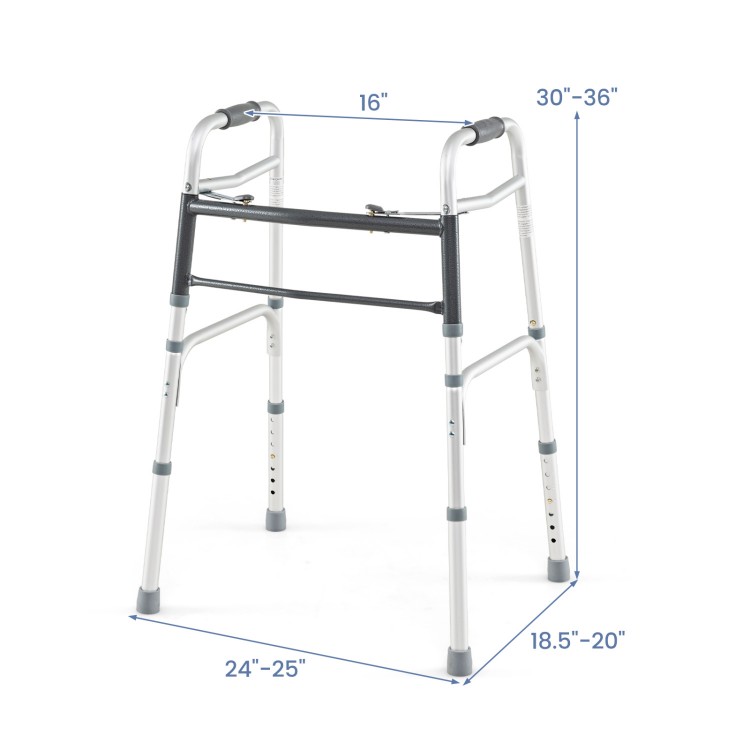 Folding walker with adjustable height, lightweight aluminum frame, and non-slip rubber foot pads for safe mobility.