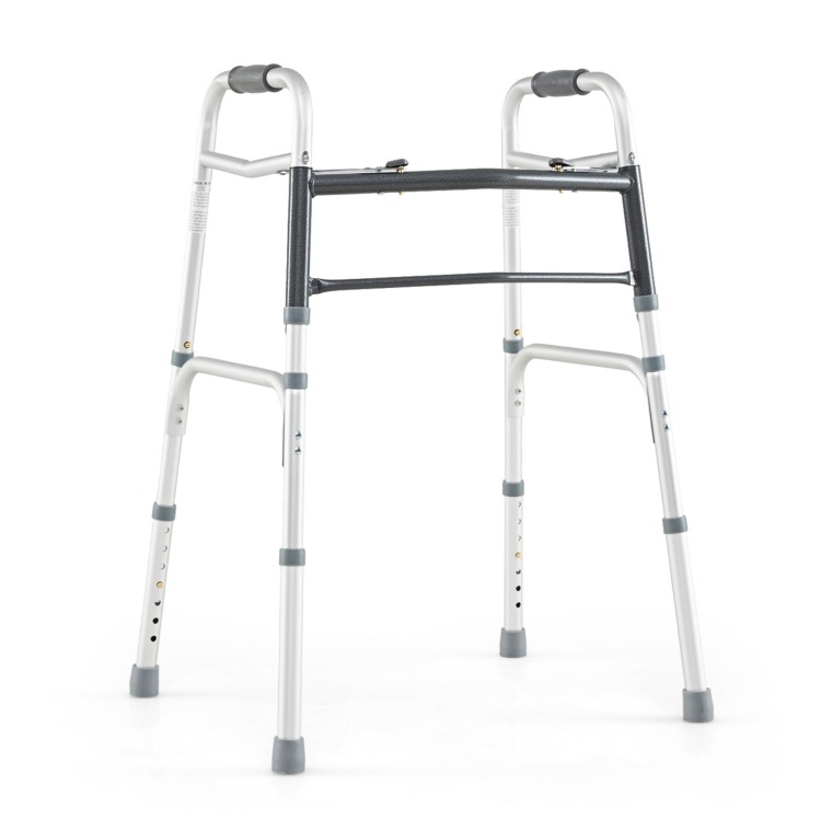 Lightweight 2-button folding walker with a robust aluminum frame, displaying its adjustable height feature for.