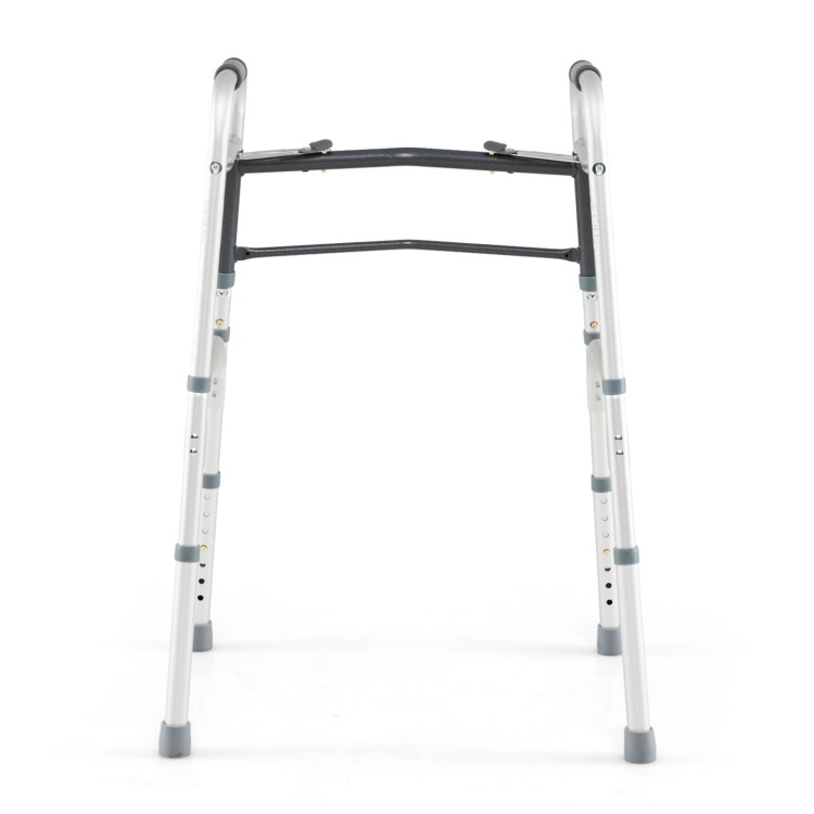 Folding walker showcasing its adjustable height mechanism and sturdy aluminum frame for enhanced user safety and.