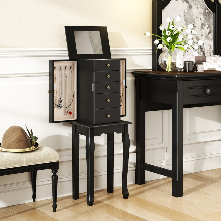 Jewelry armoire cabinet in black with mirror, featuring 4 drawers and 2 necklace doors for organized storage.