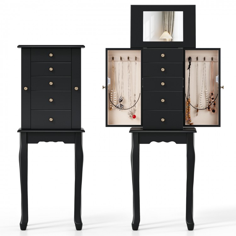 Black standing jewelry armoire with mirror, featuring 4 drawers and 8 hooks for organized storage of necklaces and.