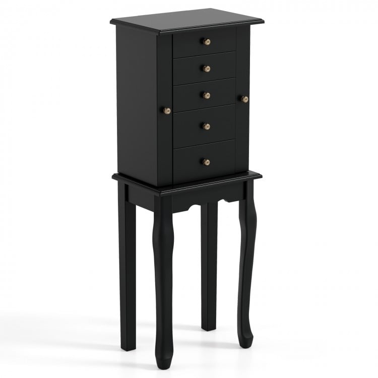 Elegant black jewelry armoire with 4 drawers, mirror, and necklace hooks, perfect for organized storage and display.